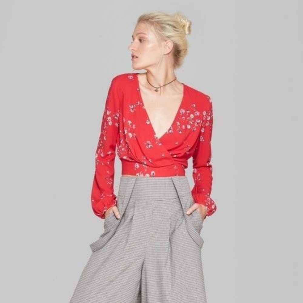 Wild Fable | Floral Long Sleeve Wrap Crop Top | XS